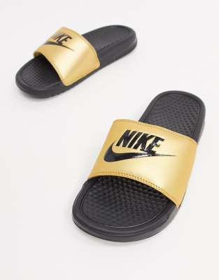 nike sandals black and gold