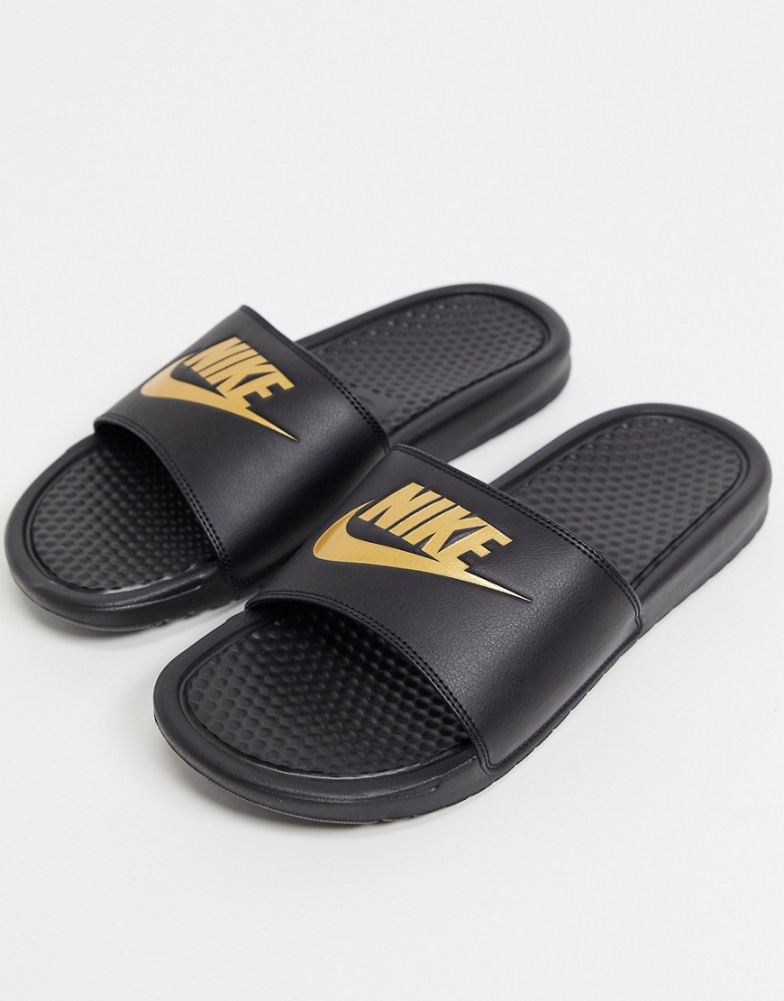 Nike Benassi JDI sliders in black/gold