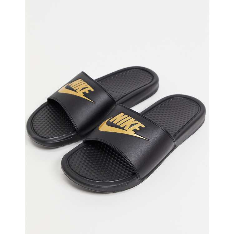 Black nike slides with gold clearance check