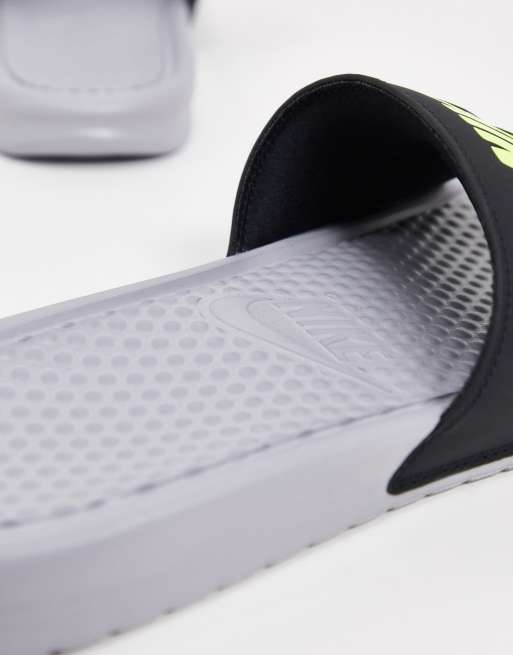 Nike Benassi JDI sliders in wolf grey volt