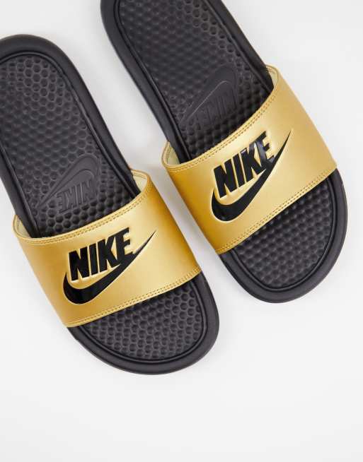 Black nike slides on sale with gold check