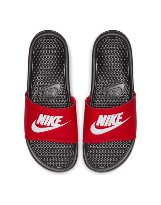 Red black and store white nike slides