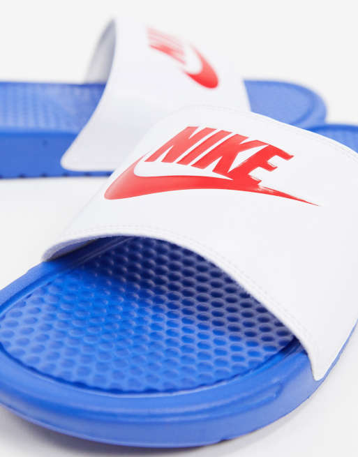 Red white and discount blue nike slides