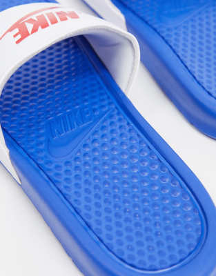 nike slides blue and white