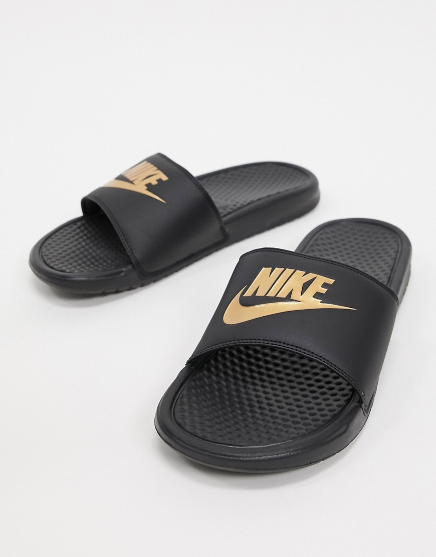 Nike Benassi sliders in black/gold