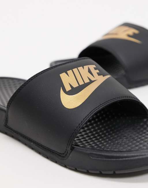 Nike black clearance and gold sliders