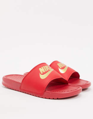Nike Benassi Sliders In Red/gold In Red