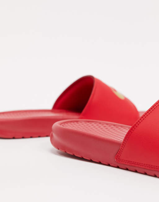 Nike benassi swoosh clearance red golden check slides