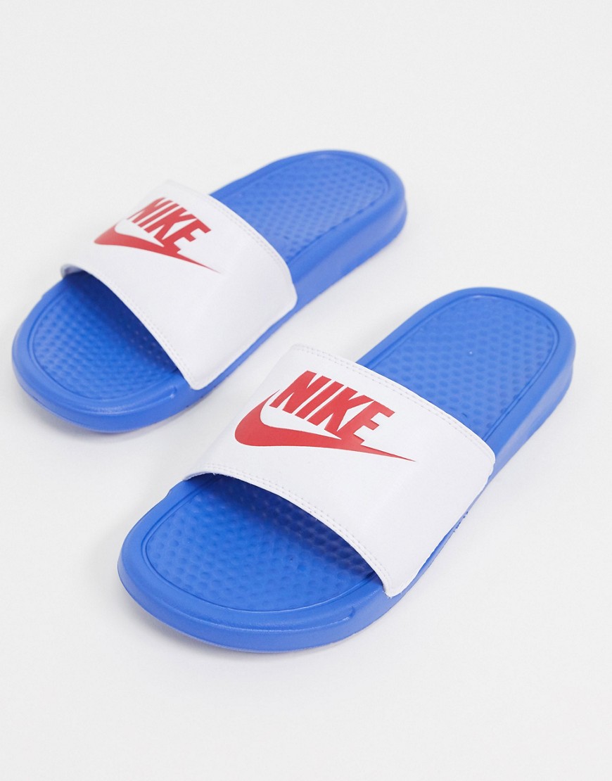 NIKE BENASSI SLIDERS IN RED WHITE AND BLUE,343881-410