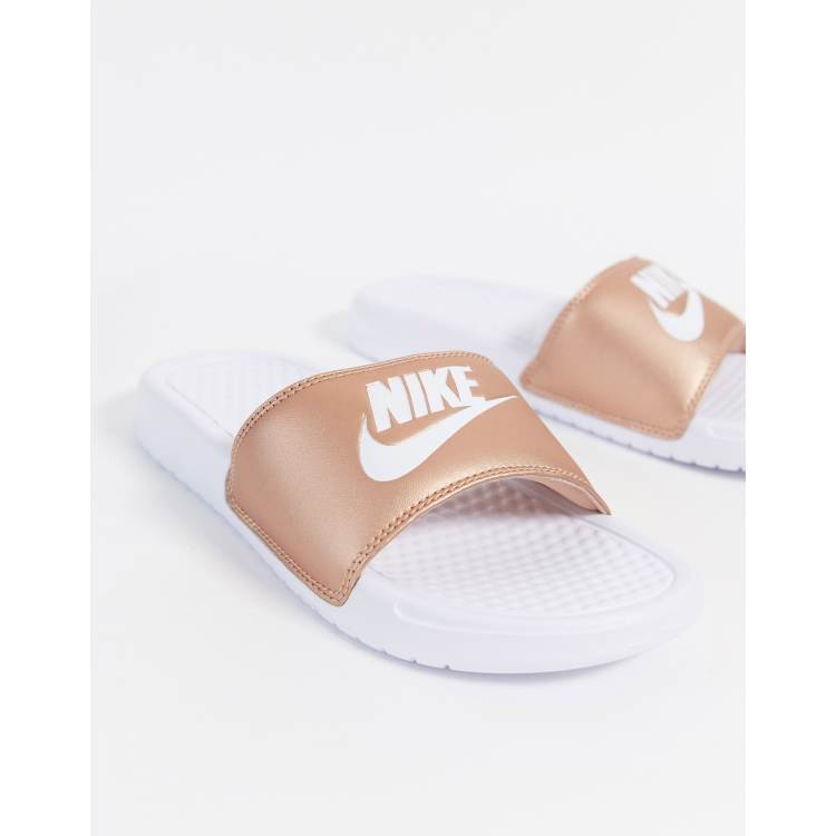 Nike Benassi sliders in white and rose gold