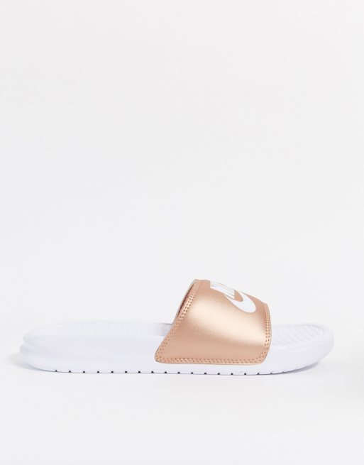 Nike Benassi sliders in white and rose gold