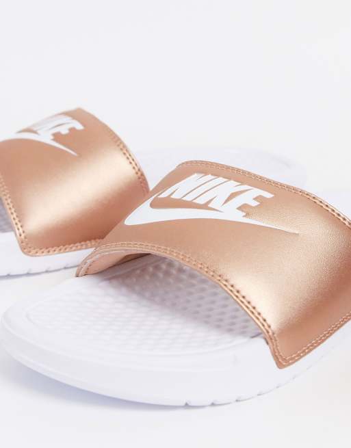 Nike Benassi sliders in white and rose gold