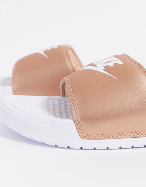 Nike Benassi sliders in white and rose gold