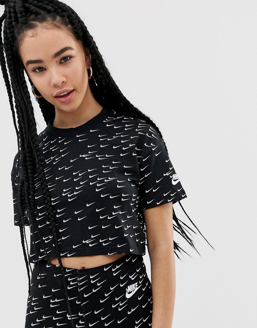 Nike Black All Over Swoosh Print Crop T-Shirt
