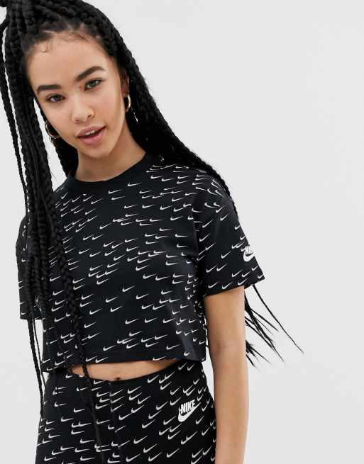 Nike black all over swoosh print crop t-shirt