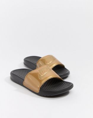 nike sandals black and gold
