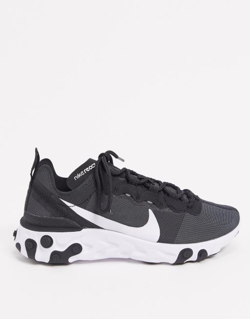 Nike black and white react element 55 on sale trainers