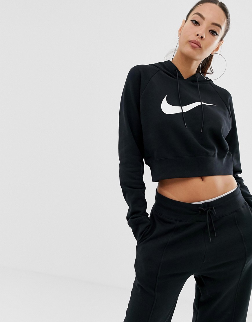 Nike Black Oversized Swoosh Logo Cropped Hoodie