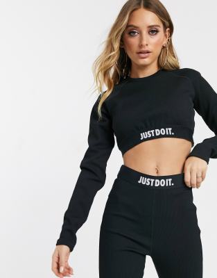 Nike black Ribbed Just Do It long sleeve crop top | ASOS