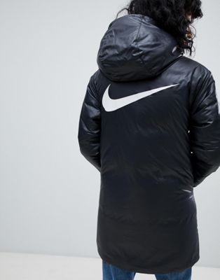 nike longline padded jacket with back swoosh in black