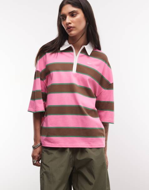 Nike boxy gestreepte polotop in roze en bruin - view 1