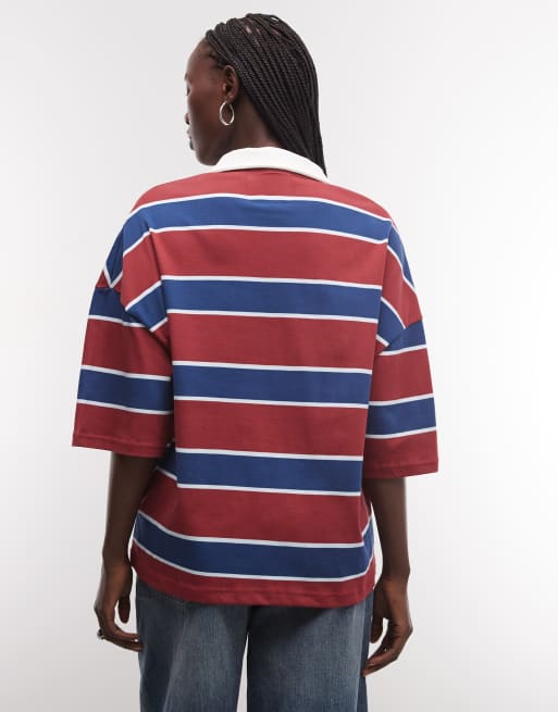 Nike boxy stribet poloshirt i burgundy og blå, 2 af 4