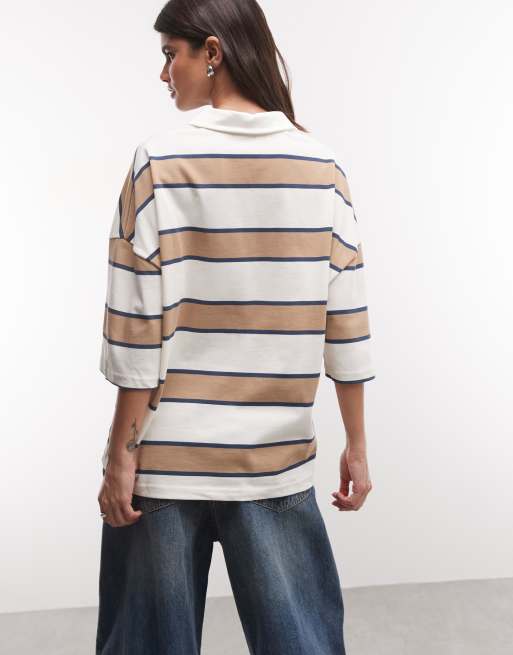 Nike boxy striped polo top in beige and brown, 3 of 4