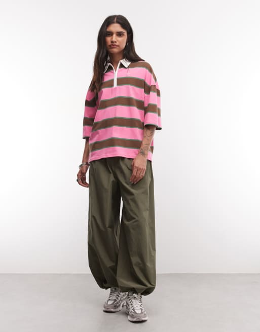 Nike boxy striped polo top in pink and brown, 2 of 4