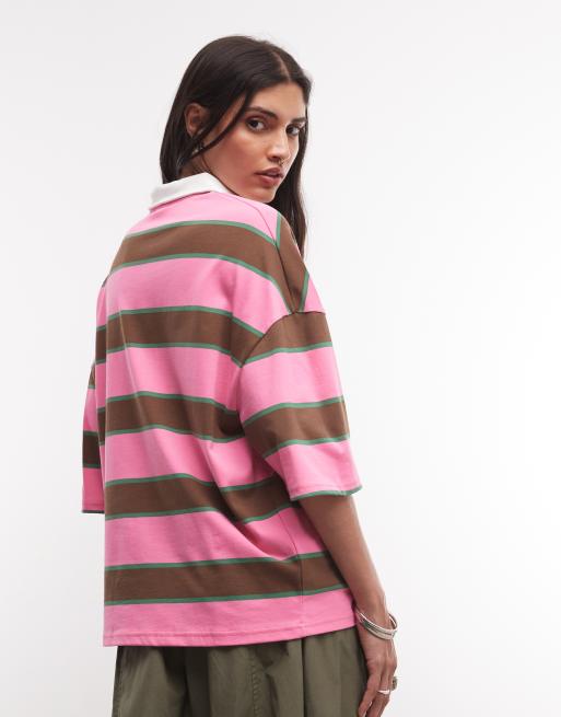 Nike boxy striped polo top in pink and brown, 4 of 4