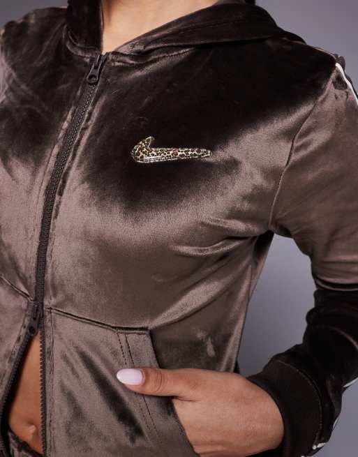Nike – Brun huvtröja i velour med dragkedja, 3 av 4