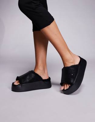 Nike Calm Elevation Faux Fur Lined Platform Slide In Black