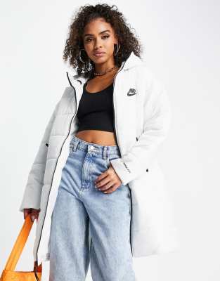 Nike - Cappotto imbottito classico taglio lungo bianco cima con cappuccio