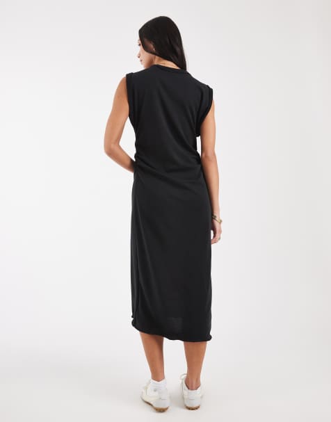 nike black swoosh ruched side t shirt dress WMNS) Nike As W Nsw Essntl Casual Sports Round Neck Short Sleeve Black Dress  CJ2243-010