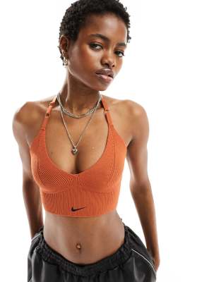 Nike Chill Knit Ribbed Bra In Burnt Orange-brown