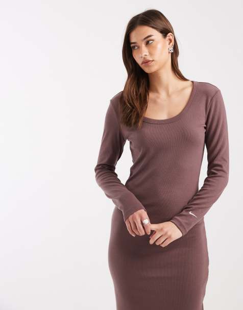 Nike Chill ribbed long sleeve dress in brown - view 1