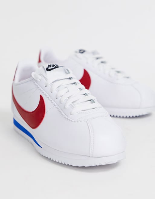 Nike classic leather cortez trainers in white and hot sale red