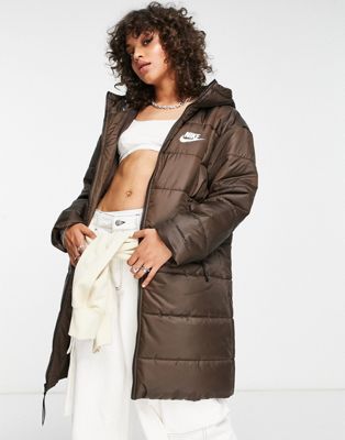 Nike classic longline padded jacket with hood in baroque brown