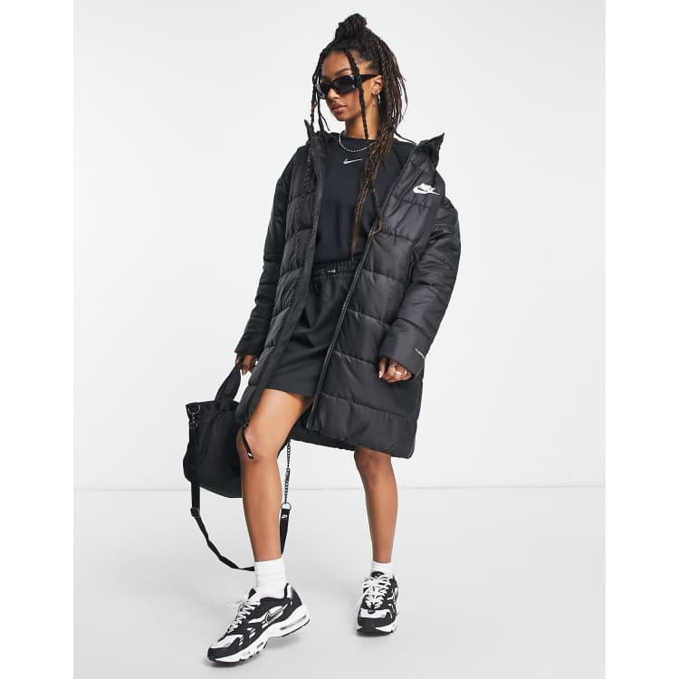 Nike classic longline padded jacket with hood in black