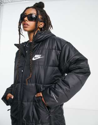 Nike classic longline padded jacket with hood in black