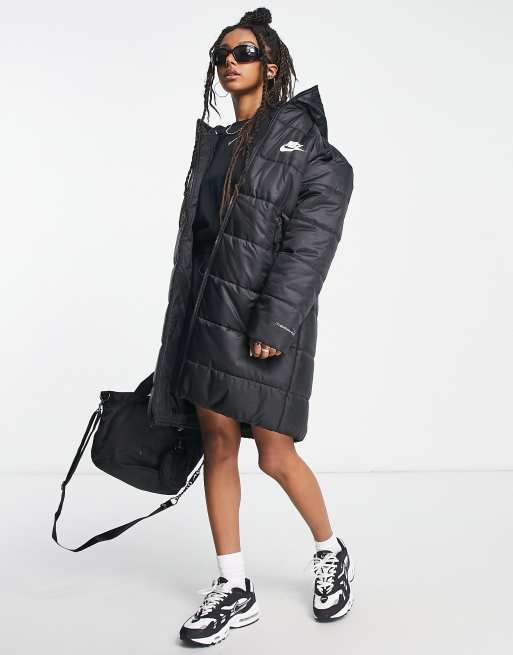 Nike Plus classic longline padded jacket with hood in black