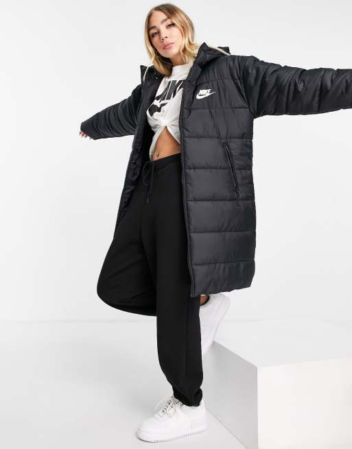 Nike classic longline padded jacket with hood in black ASOS