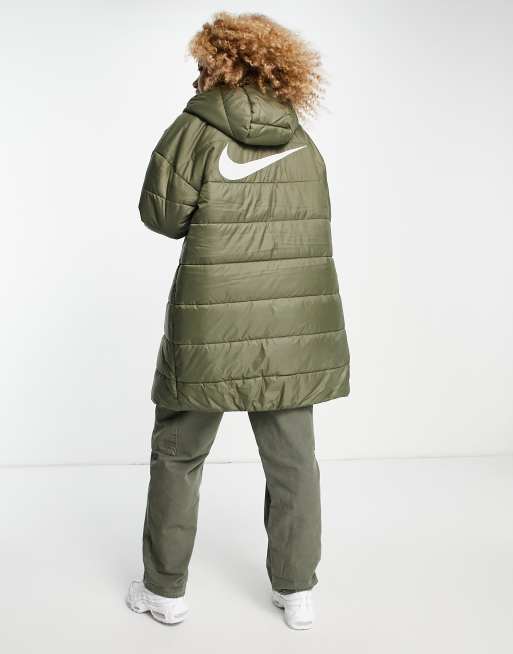 Nike classic longline padded jacket with hood in olive grey