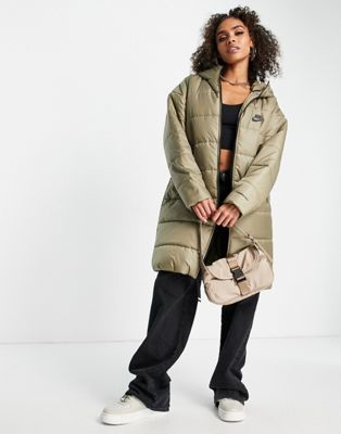 Nike classic longline padded jacket with hood in matte olive
