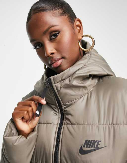 Nike longline padded jacket with back swoosh in stone