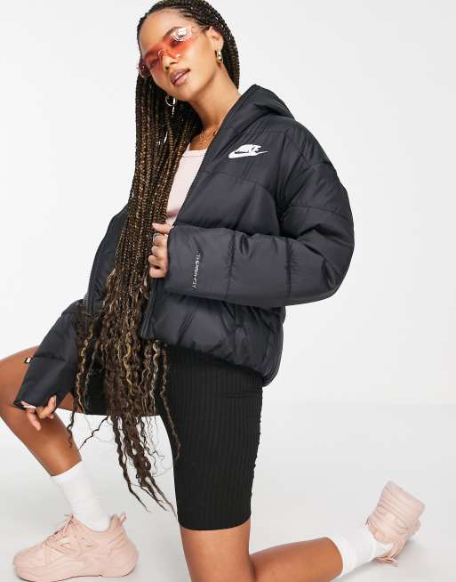 Nike classic padded tape jacket with hood in black, ASOS