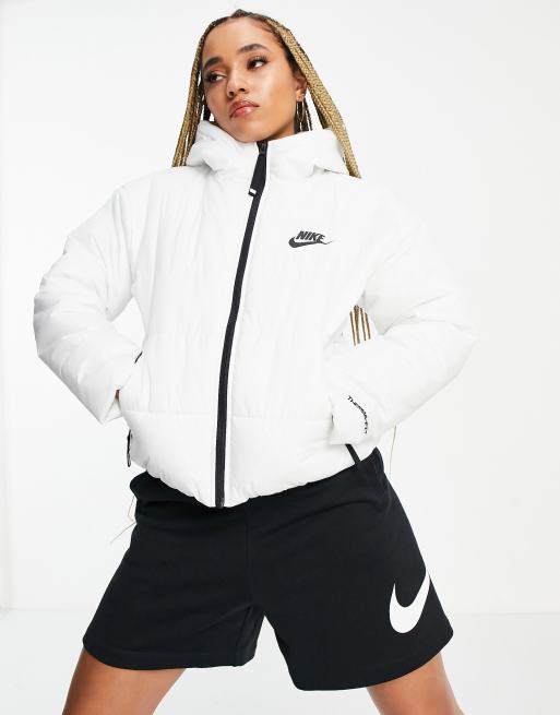 Nike classic padded tape jacket with hood in black, ASOS