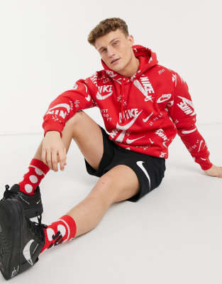 Nike Club All Over Logo Hoodie In Red ModeSens