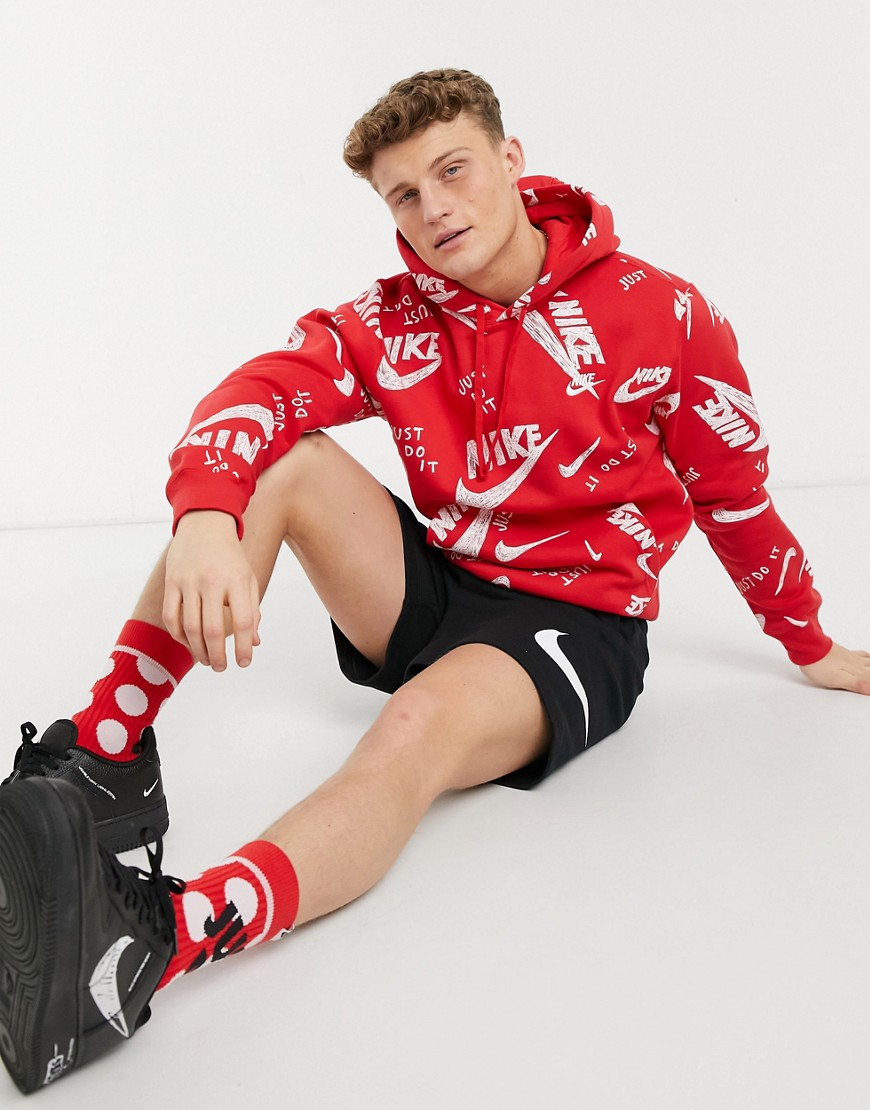 Nike Club all over logo hoodie in red
