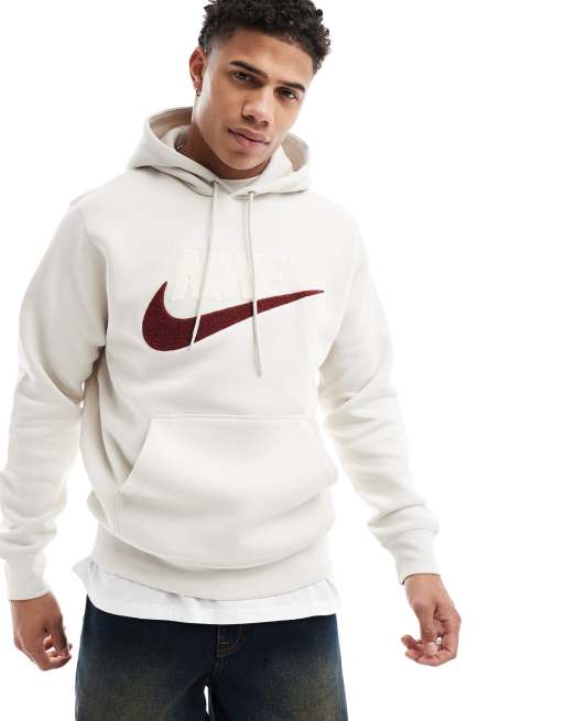 Nike Club Chenile Futura logo hoodie in off white and burgundy