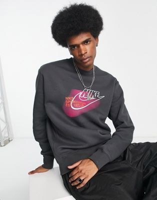 Nike Club crew neck sweatshirt with chest print in dark smoke grey